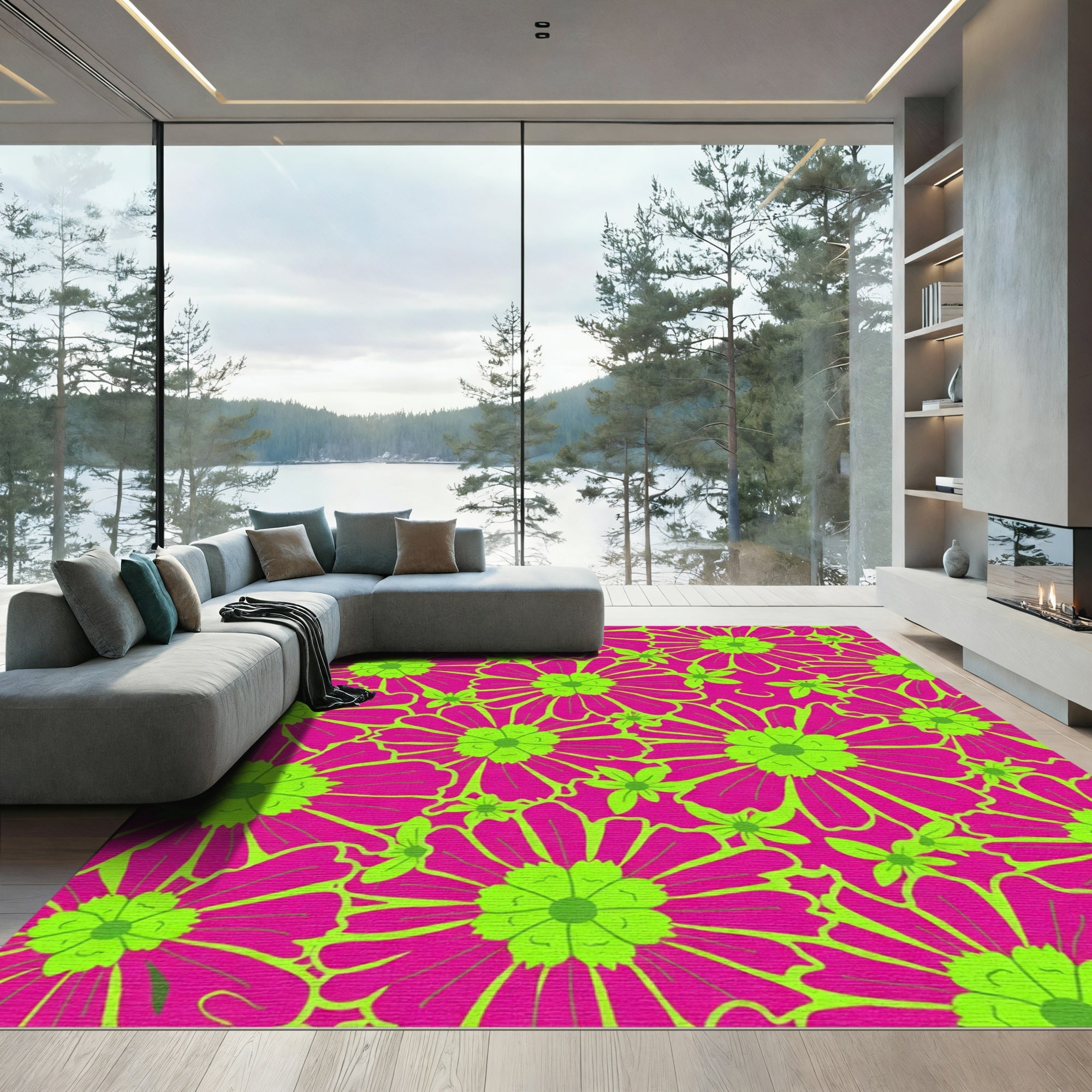 Vibrant Pink Lime Daisy Garden Rug