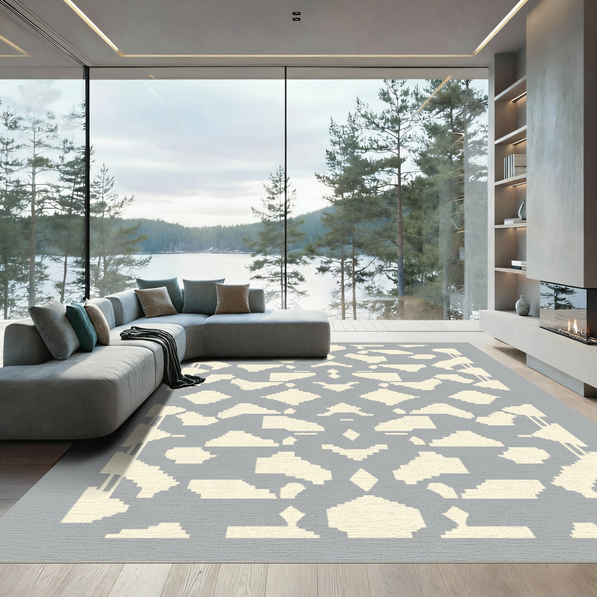 Cream Gray Geometric Lattice Rug
