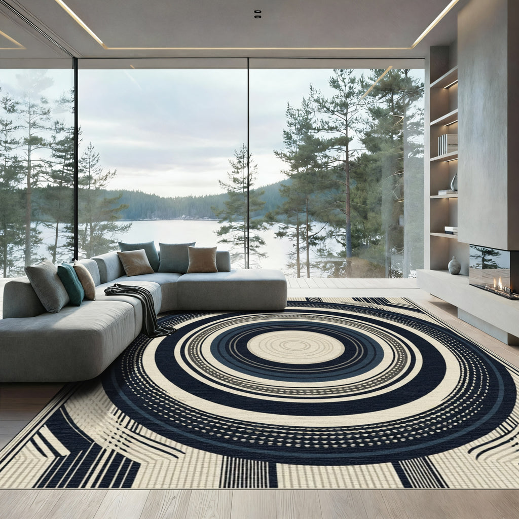 Navy Cream Concentric Circles Stripes Rug