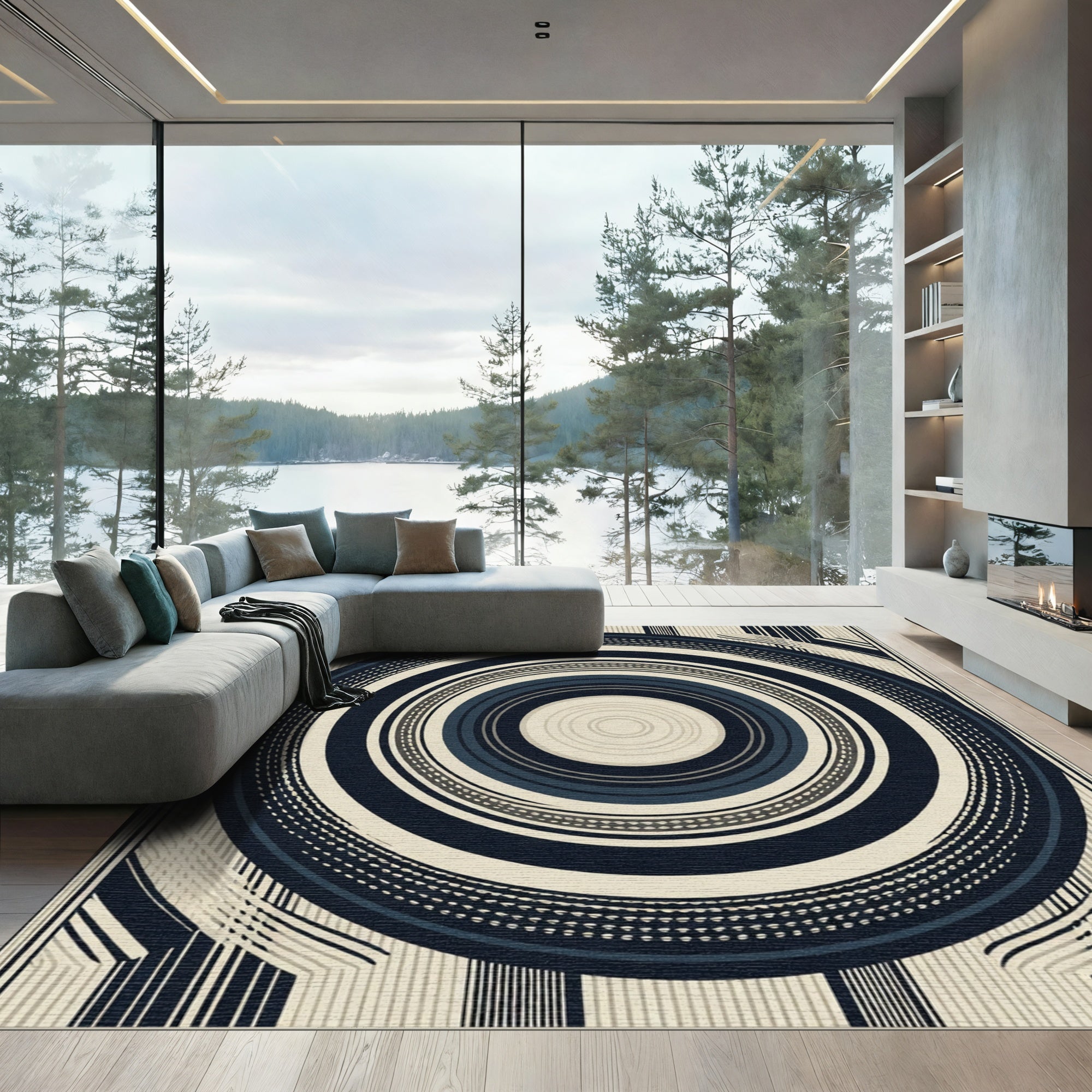 Navy Cream Concentric Circles Stripes Rug