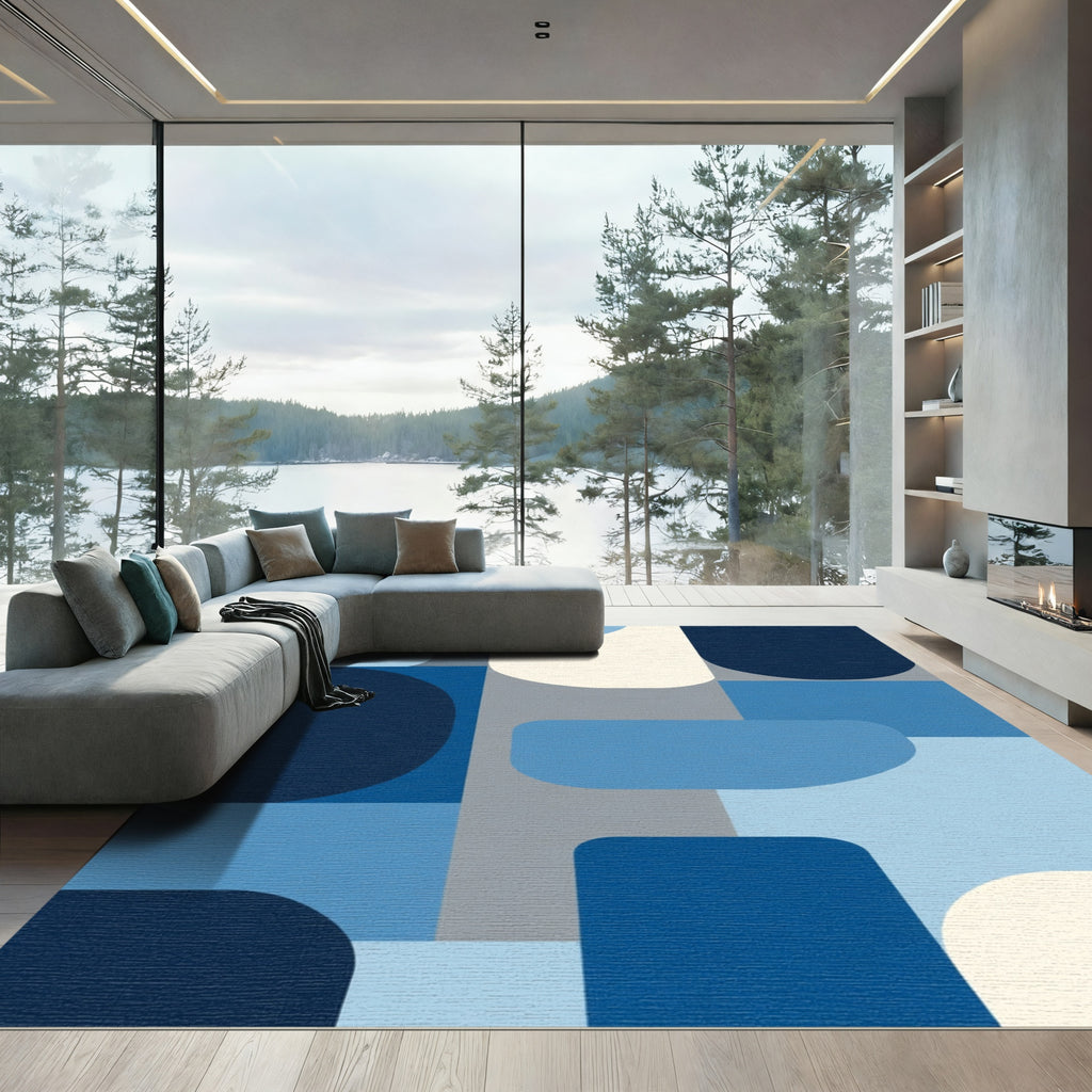 Modern Abstract Geometric Blue Shapes Rug