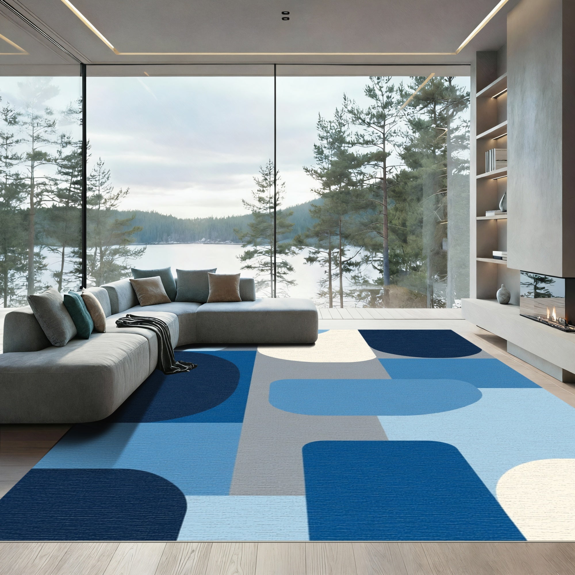 Modern Abstract Geometric Blue Shapes Rug