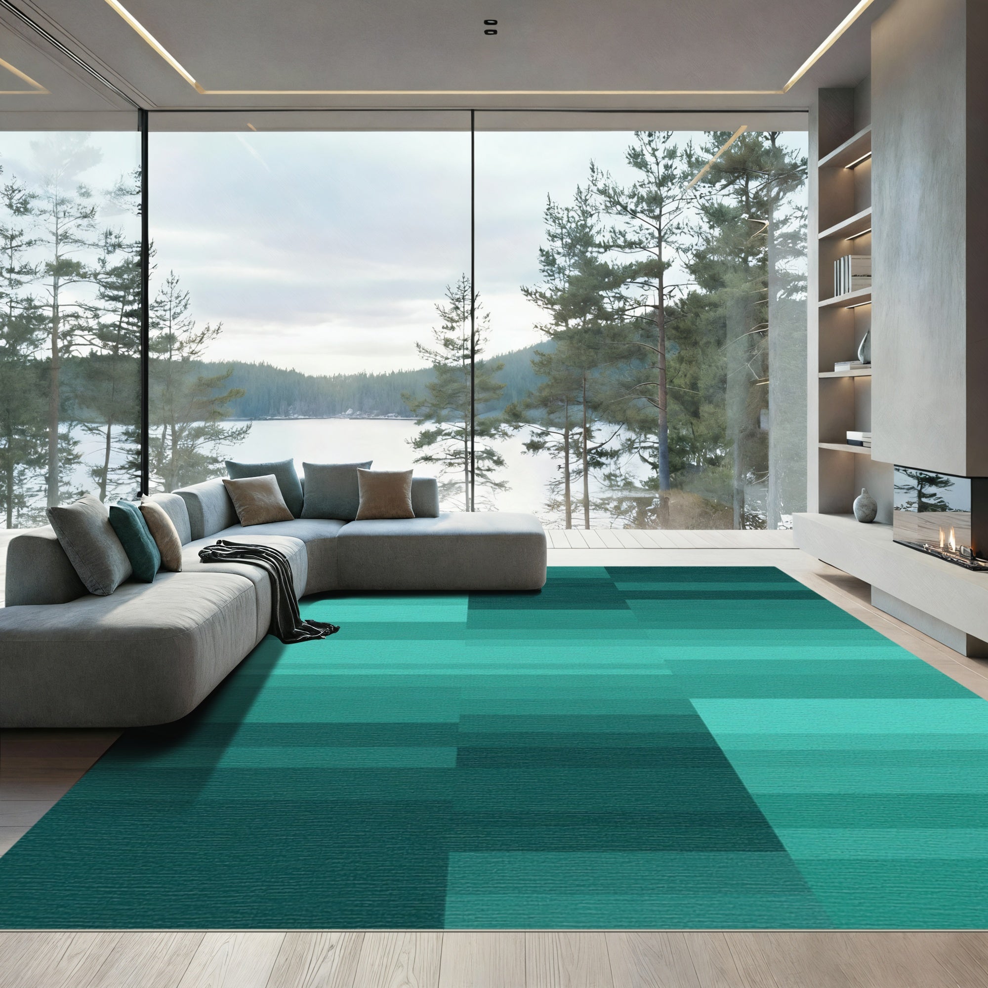 Teal Gradient Geometric Blocks Rug