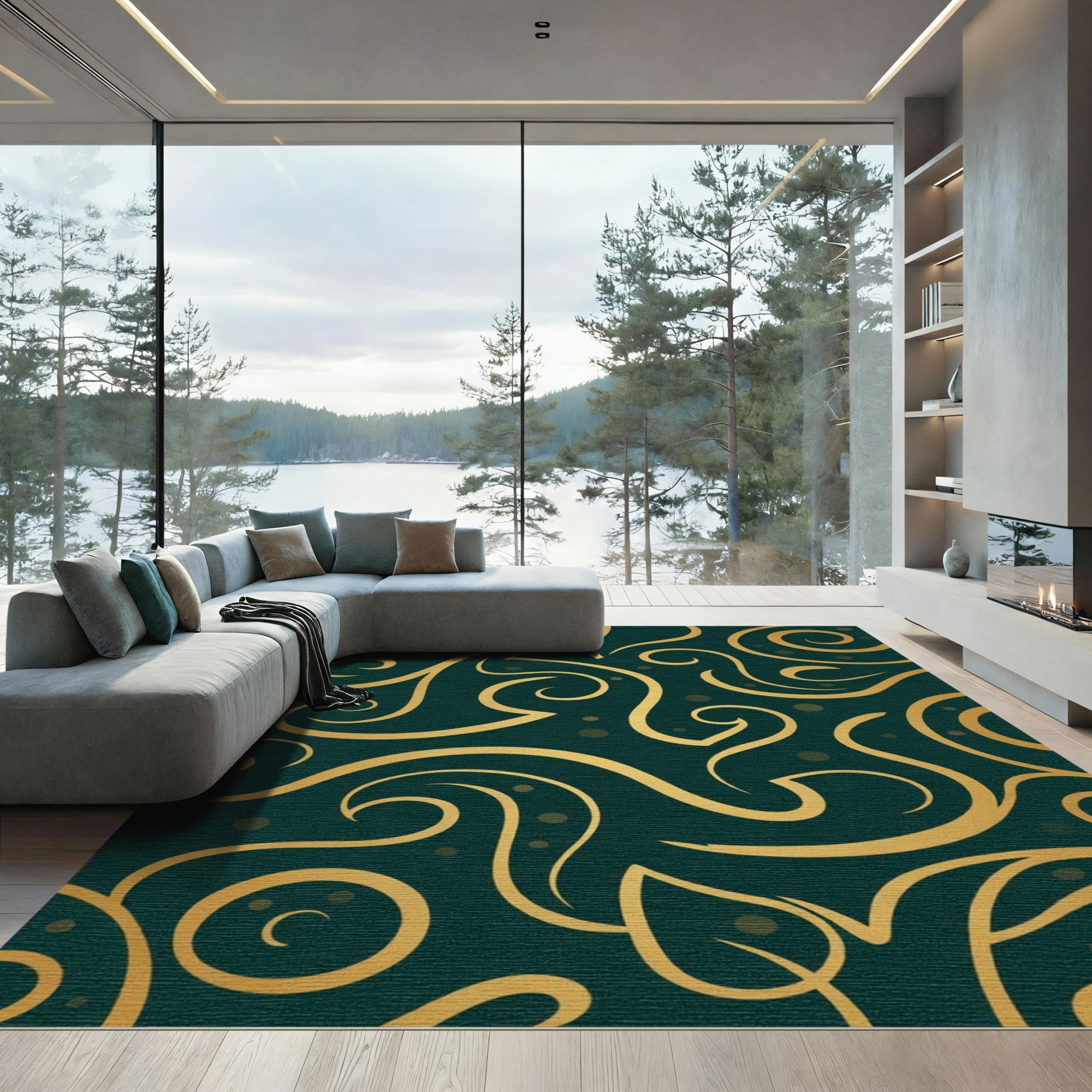 Deep Emerald Gold Swirl Accents Rug