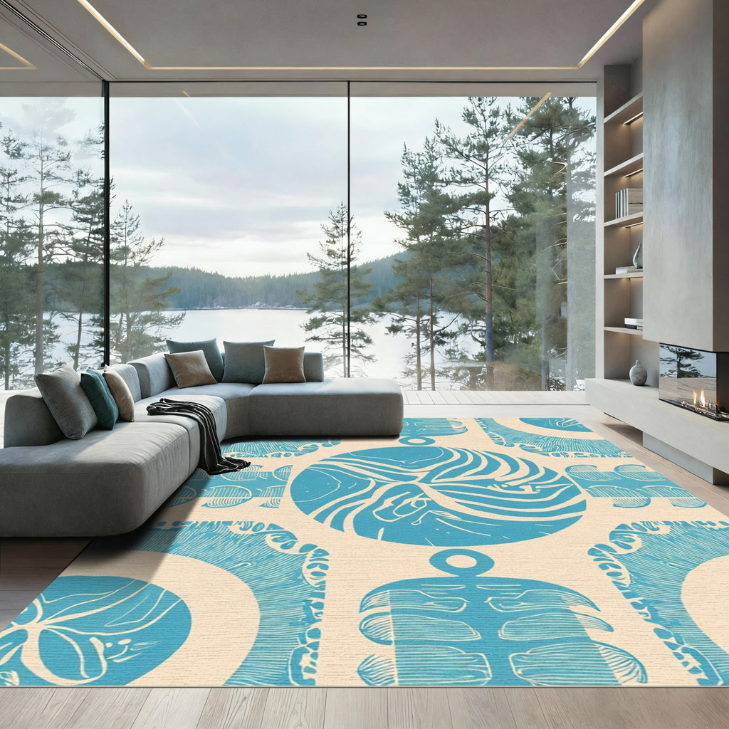 Cyan And Cream Abstract Circular Forms Rug