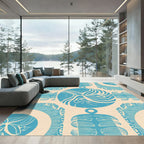 Cyan And Cream Abstract Circular Forms Rug