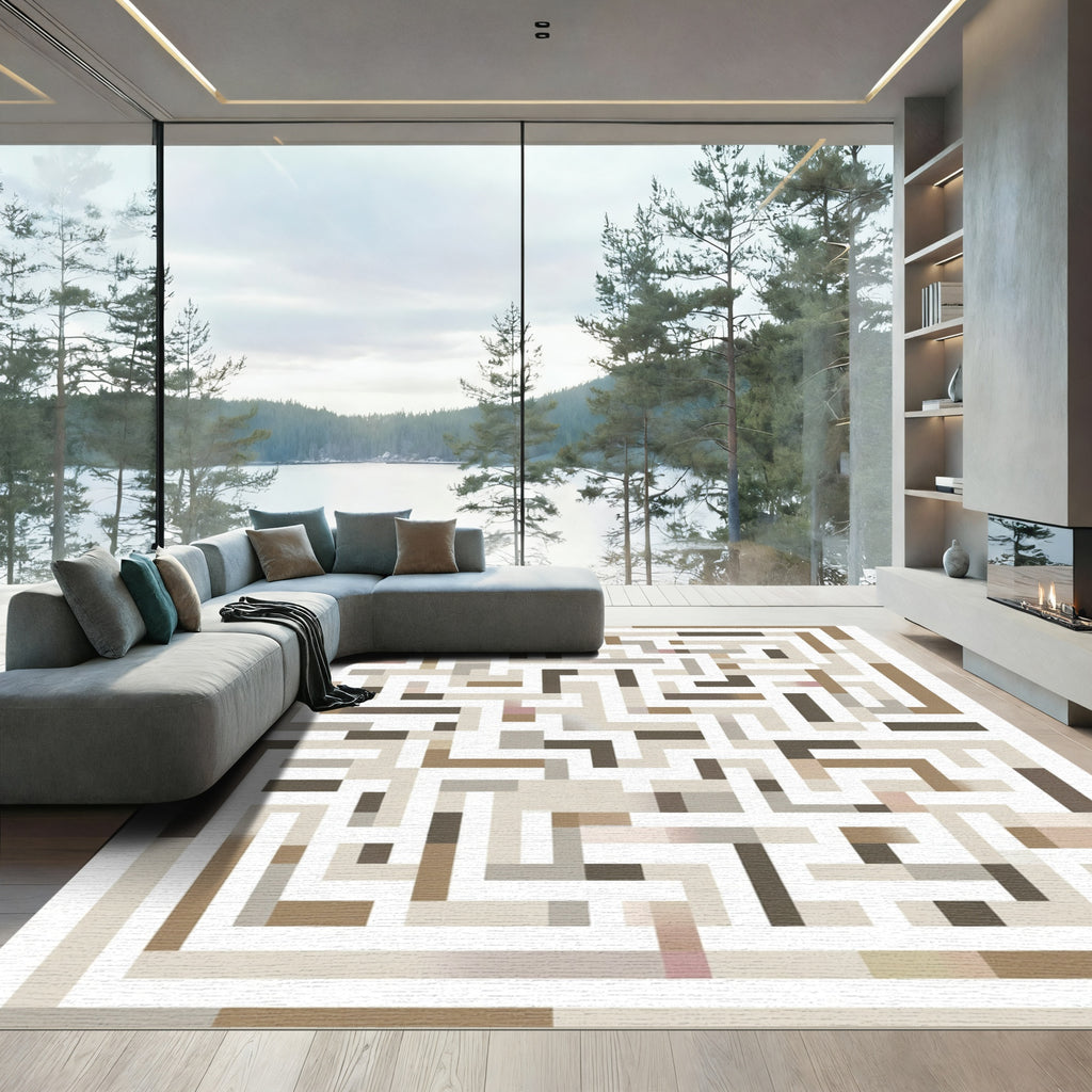 Geometric Maze Neutral Tones Rug
