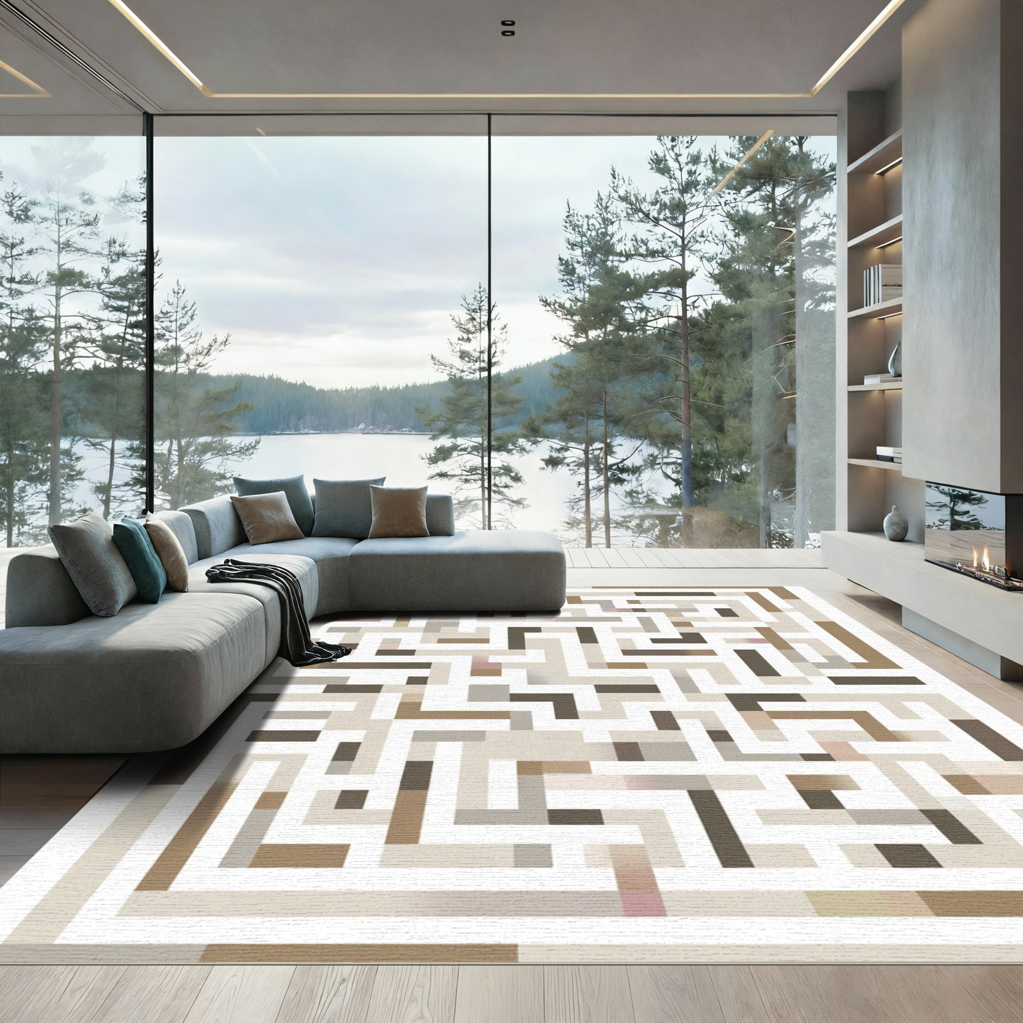 Geometric Maze Neutral Tones Rug