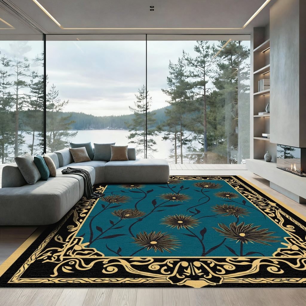 Golden Floral Swirl Teal Rug
