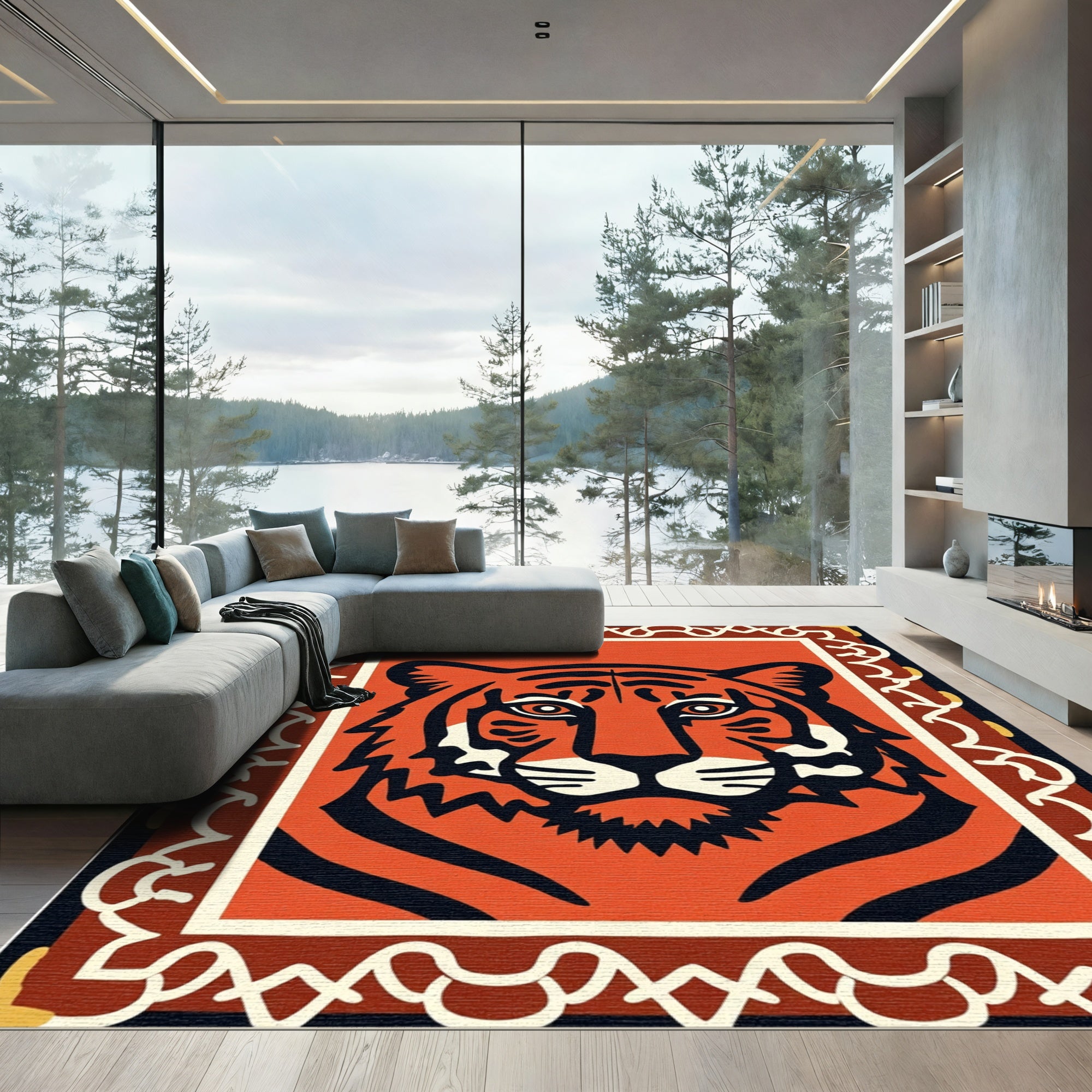 Bold Orange Tiger Face Border Rug