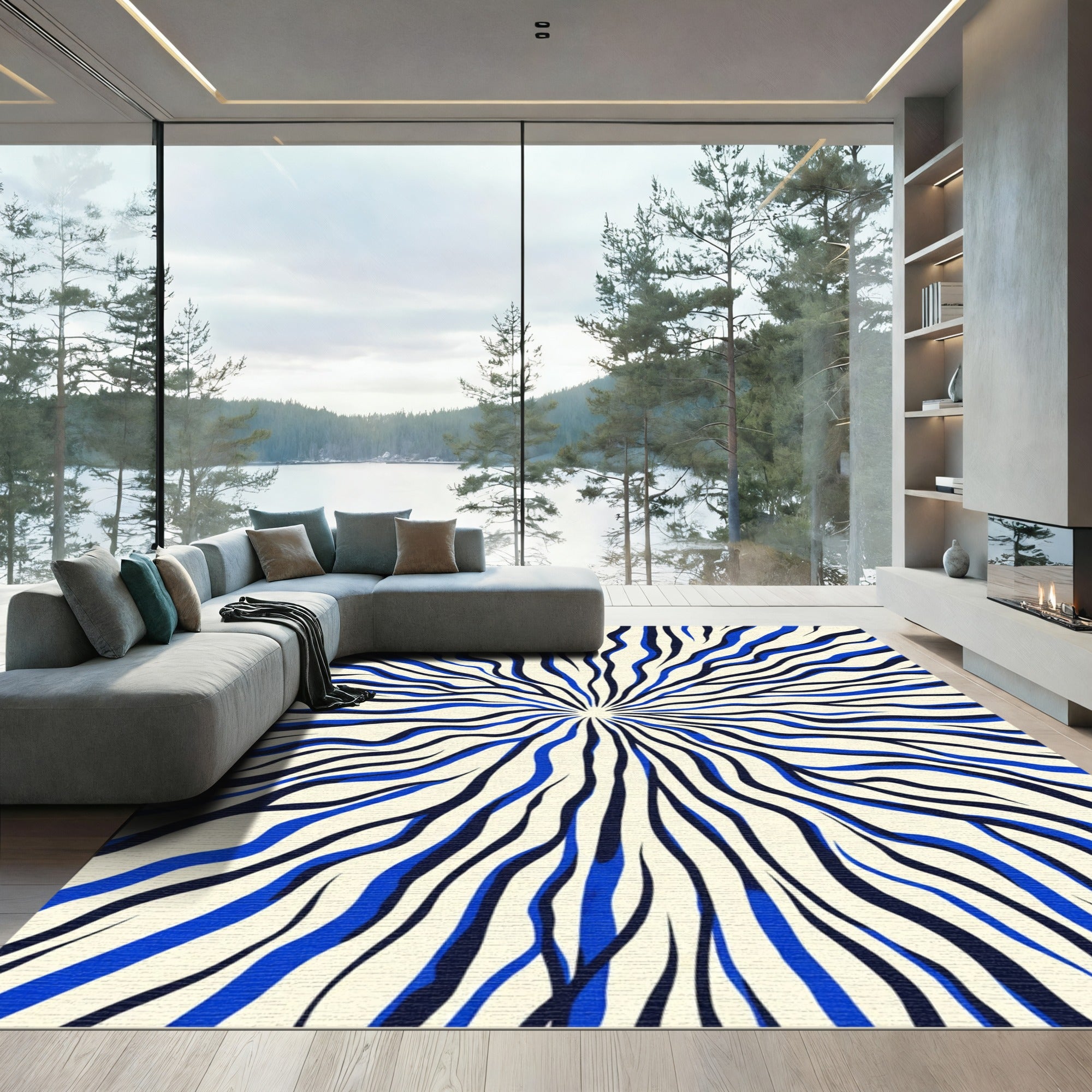 Radiating Electric Blue Zebra Lines Rug