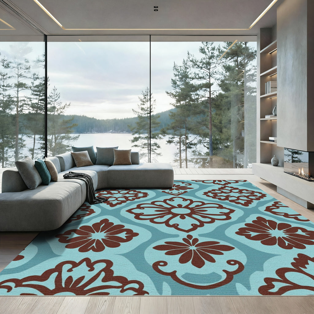 Blue Brown Floral Medallion Damask Rug