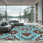 Blue Brown Floral Medallion Damask Rug