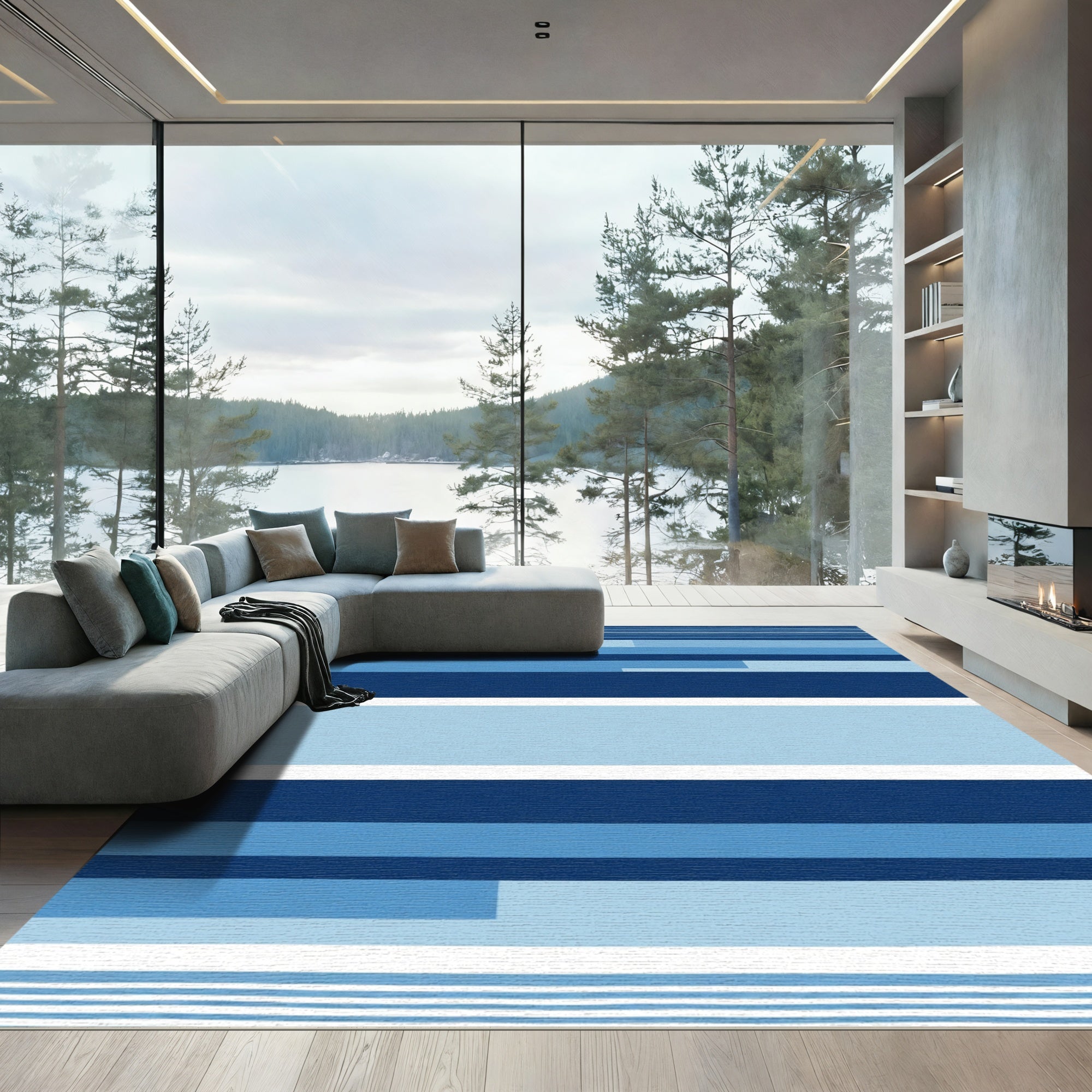 Shades Of Blue Horizontal Stripe Rectangles Rug