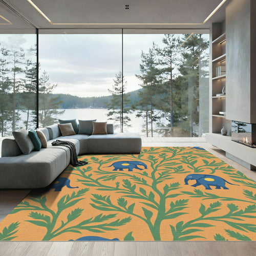 Blue Elephants With Green Foliage Background Rug