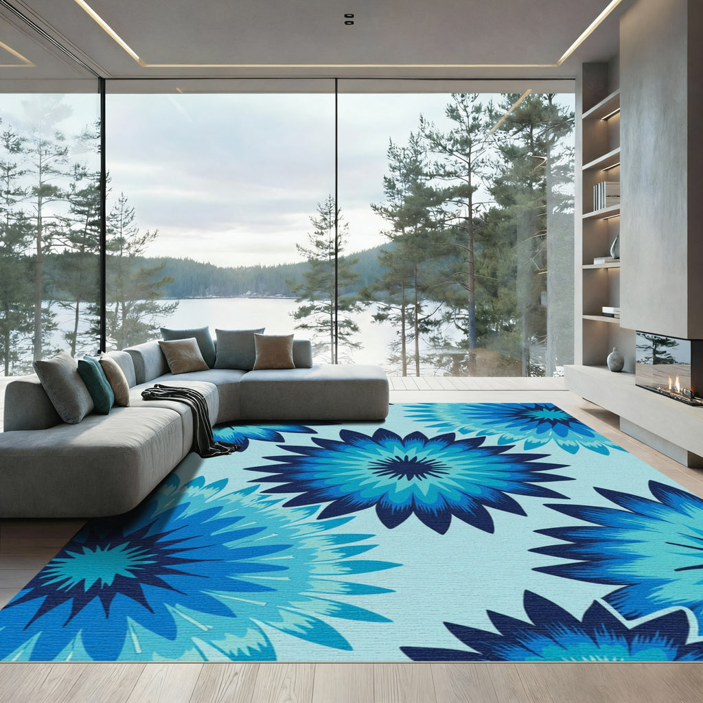 Deep Blue Layered Floral Burst Rug