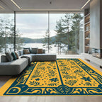 Golden Yellow Teal Floral Animal Abstract Rug