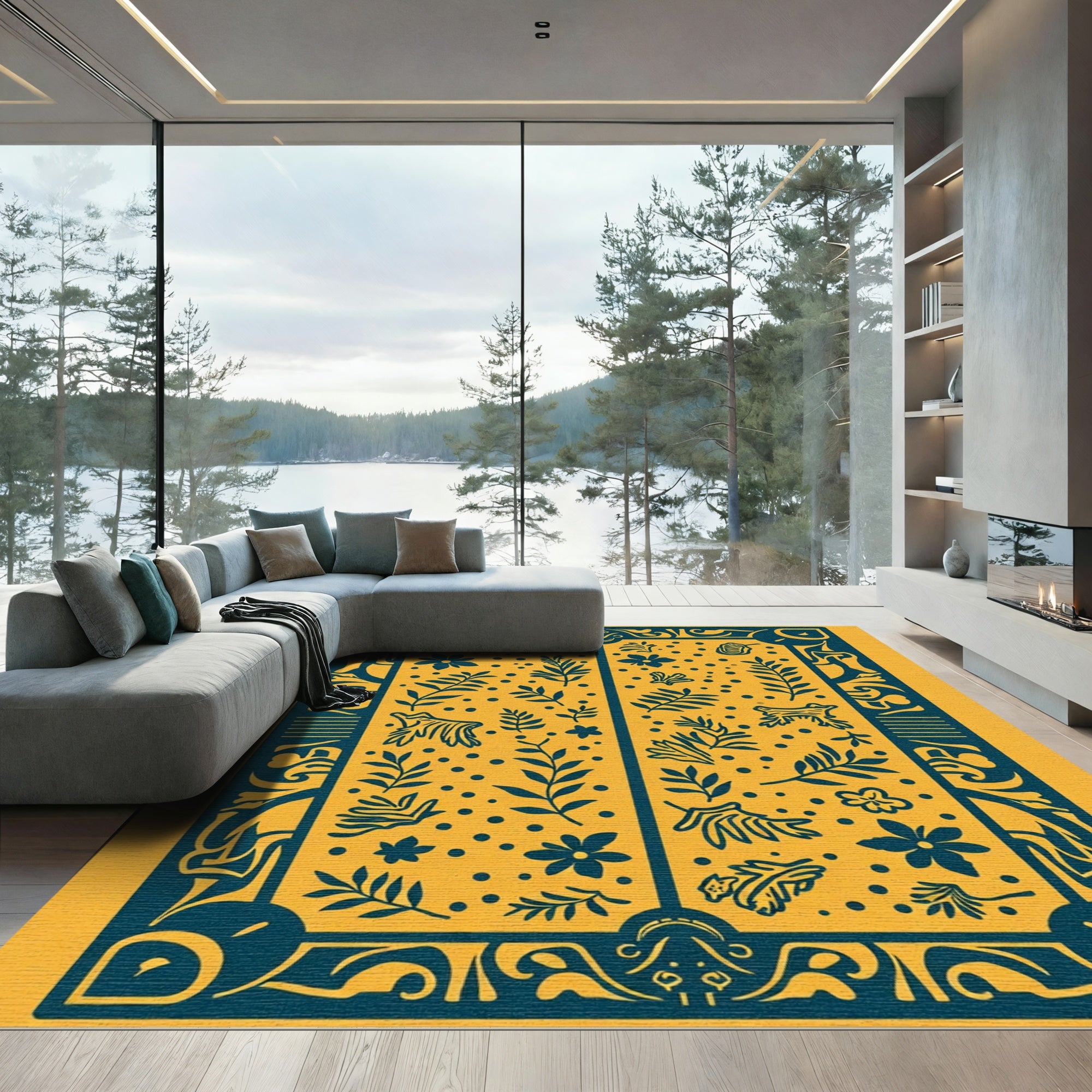 Golden Yellow Teal Floral Animal Abstract Rug