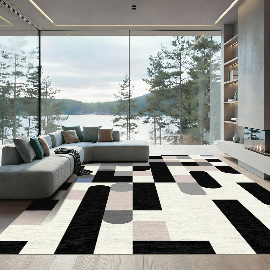 Modern Black Neutral Geometric Abstraction Rug