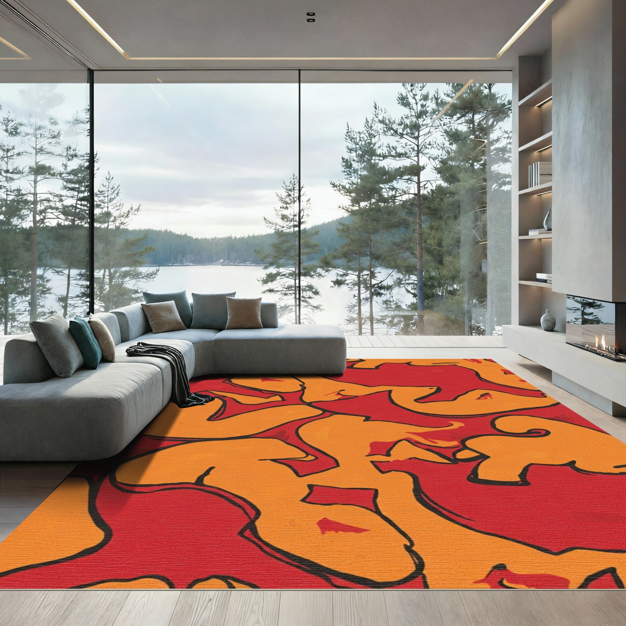 Bold Orange and Red Abstract Forms Rug