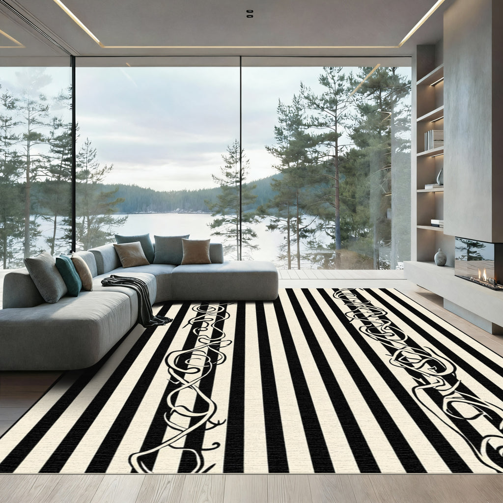 Black Cream Vertical Stripe Vine Rug