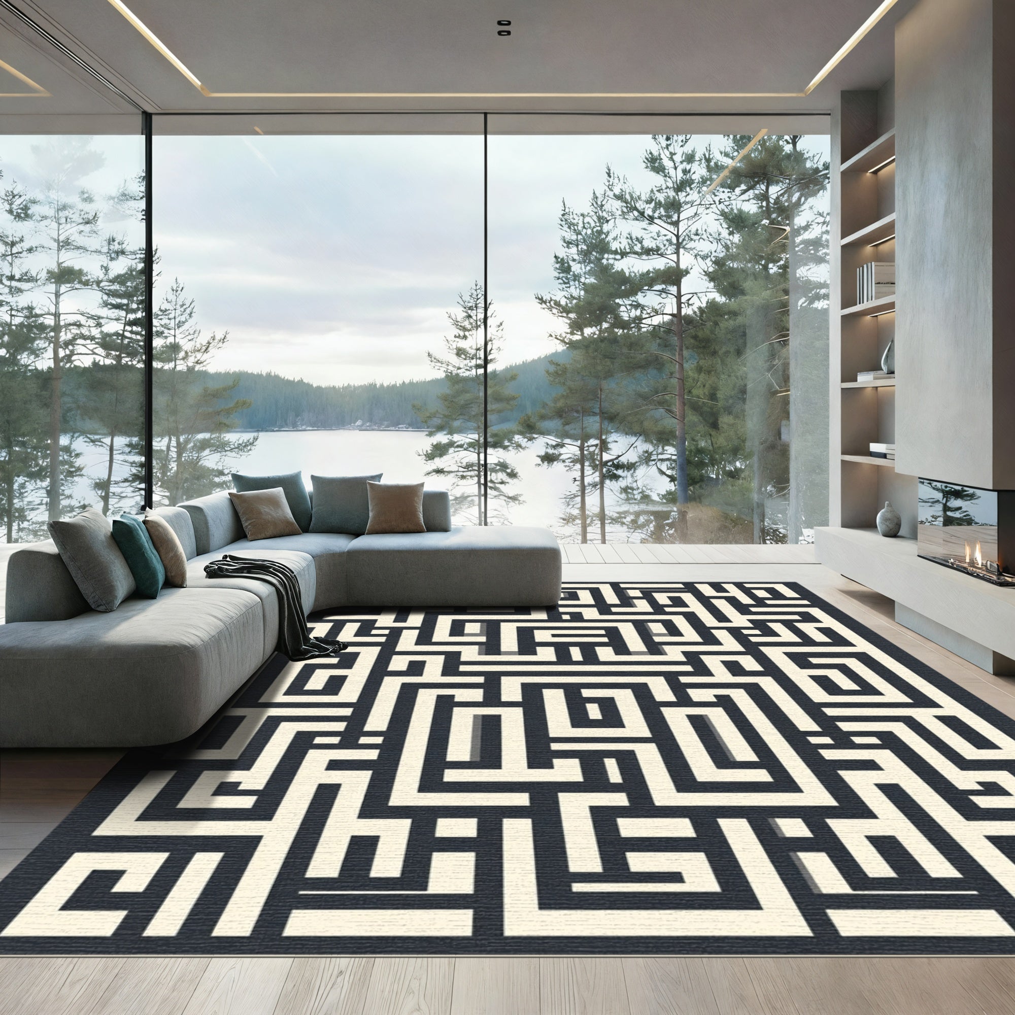 Modern Ivory Maze Geometric Rug