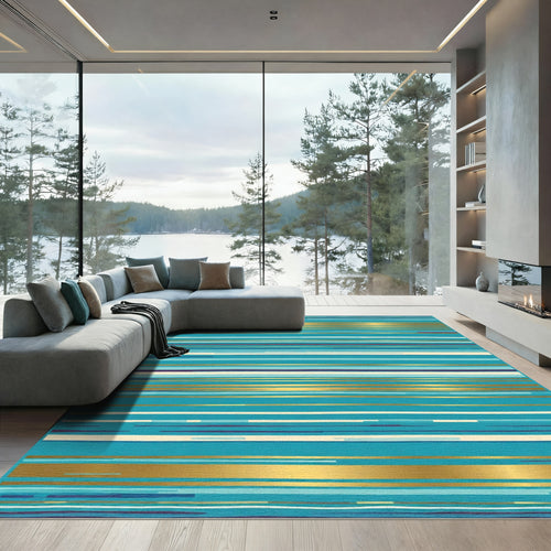 Aqua Gold Contemporary Stripe Accent Rug