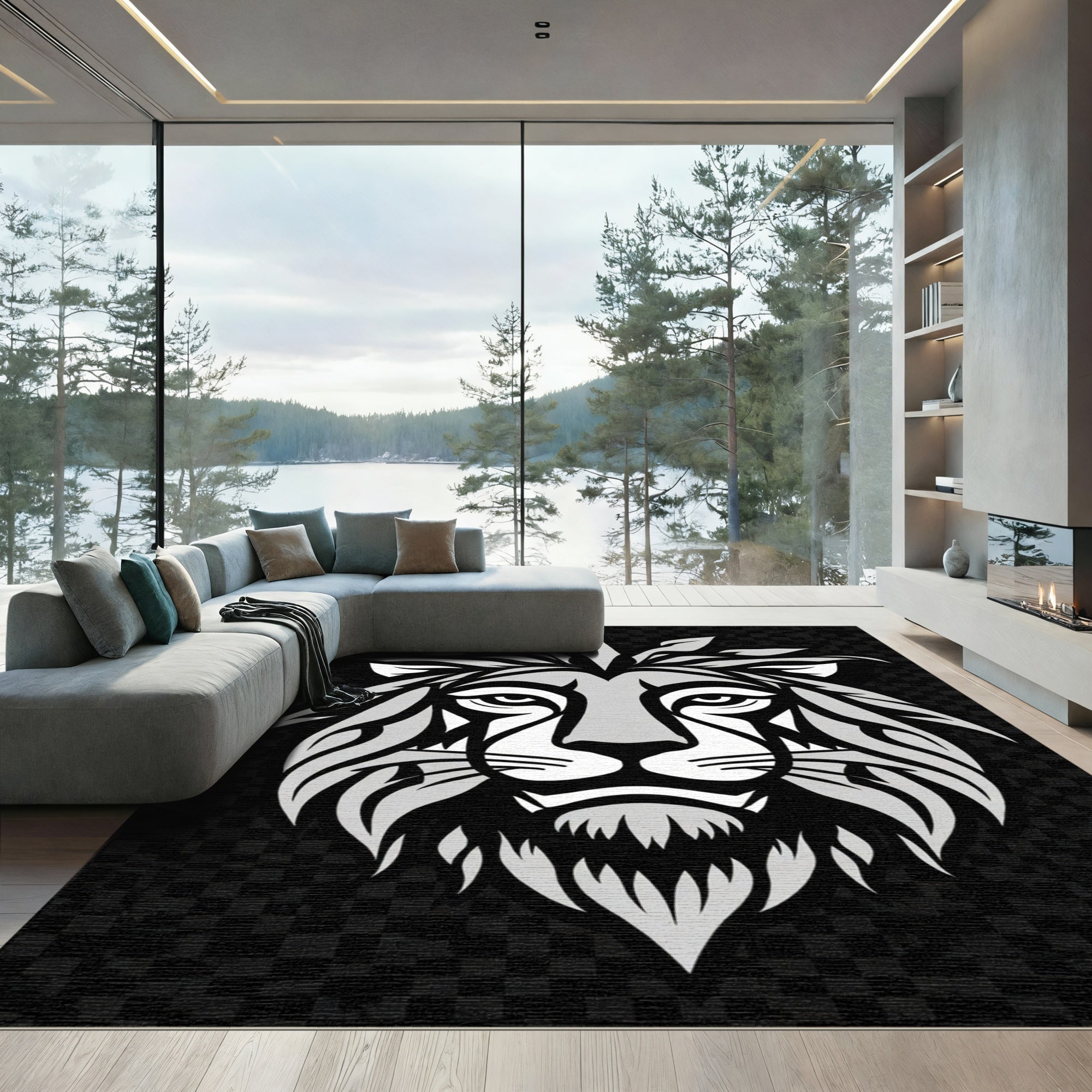 Bold Silver Lion Head Fierce Mane Rug