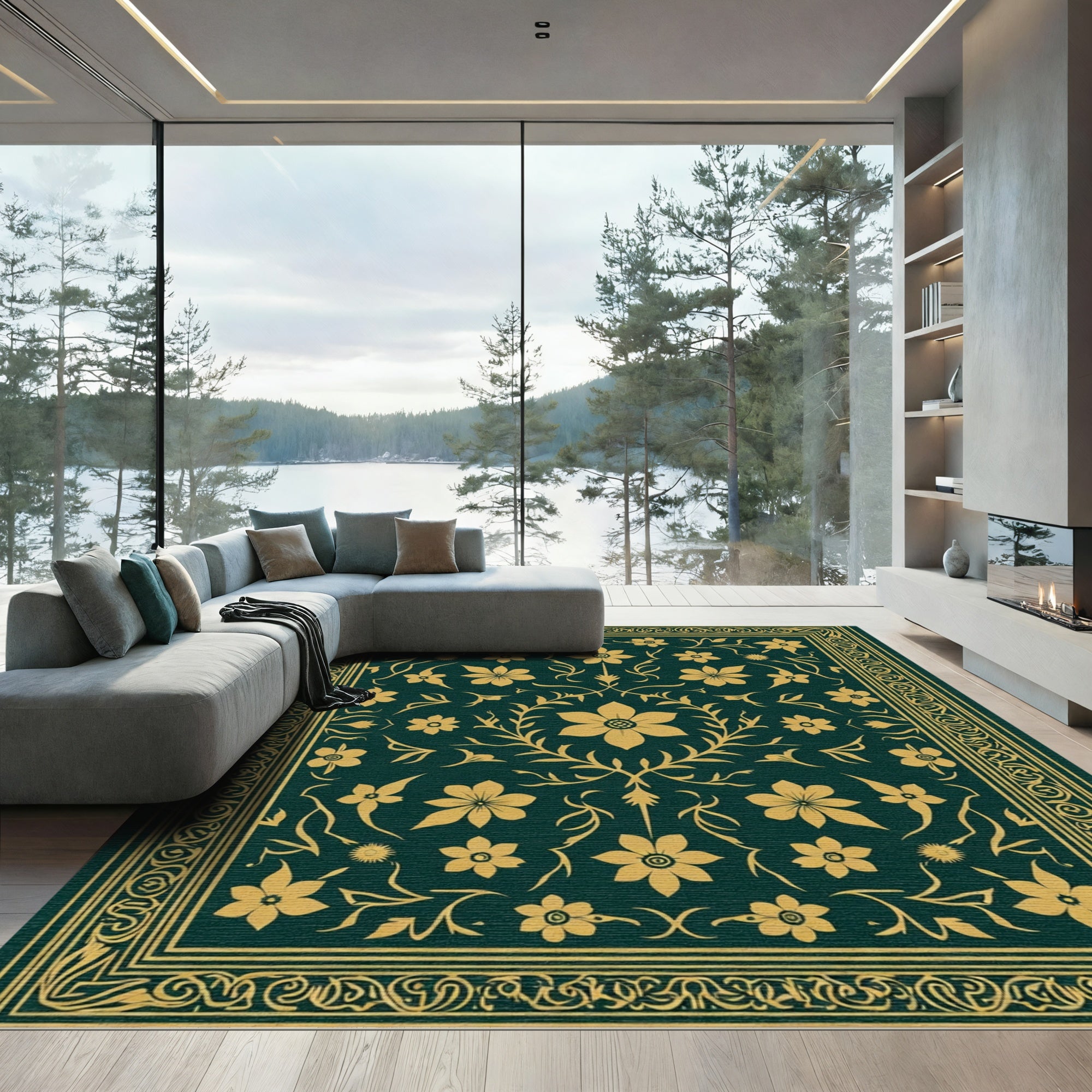 Deep Teal Gold Floral Scrollwork Rug