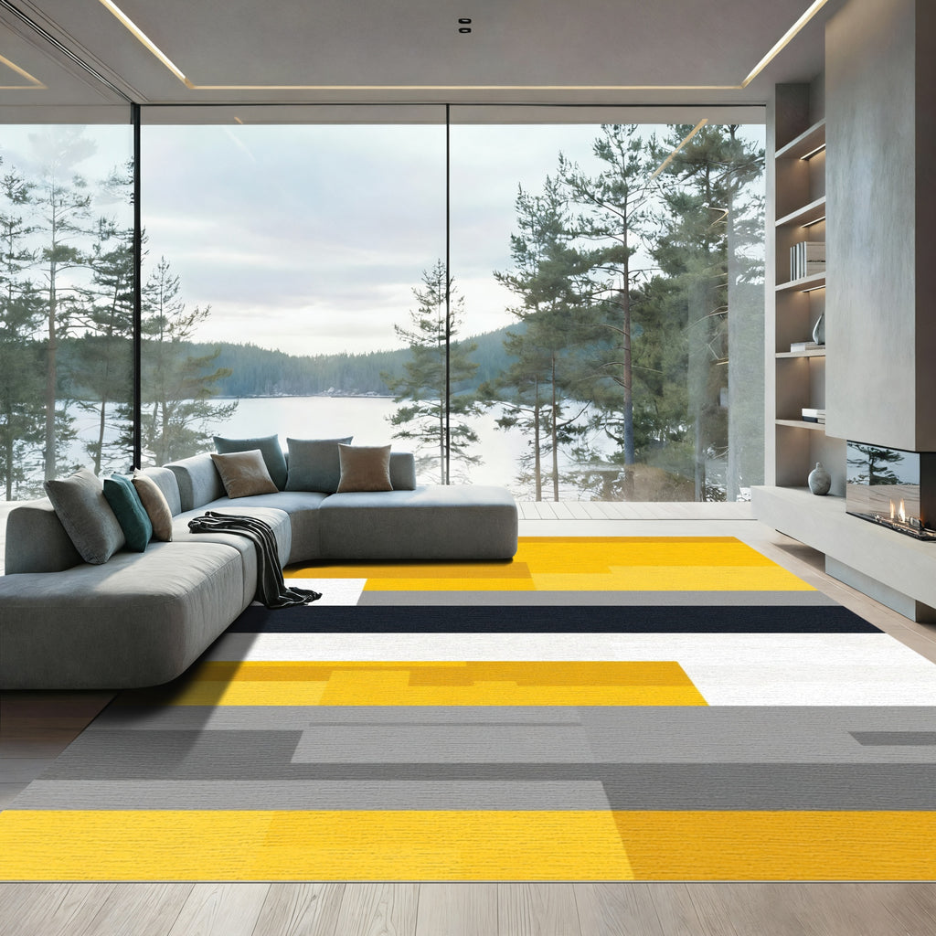 Golden Yellow Gray Geometric Blocks Rug