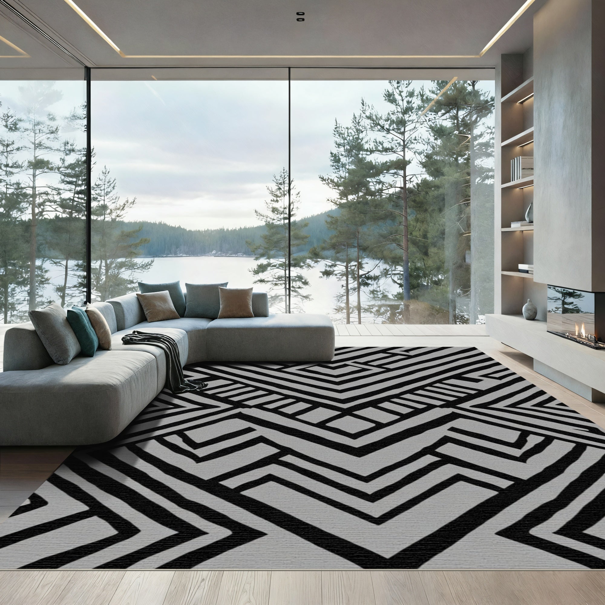Black Geometric Chevron Gray Rug