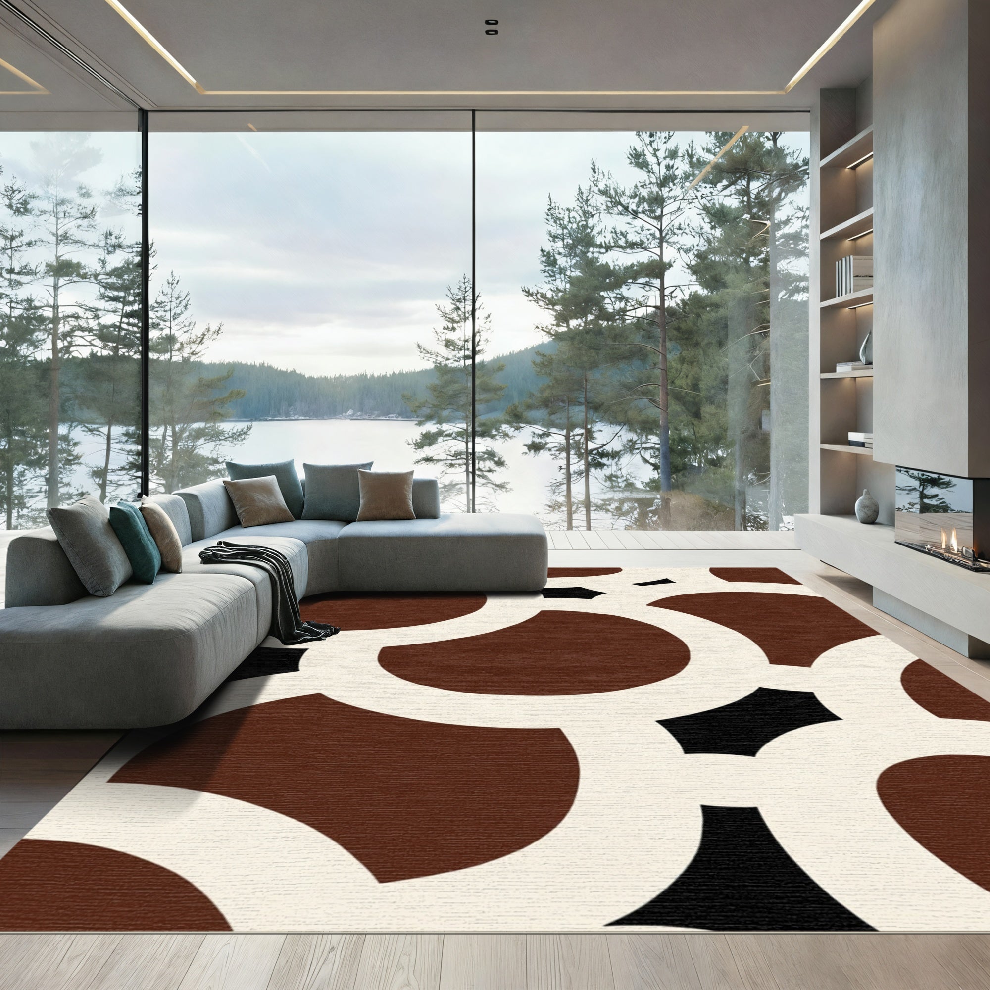Deep Brown Cream Abstract Circles Rug