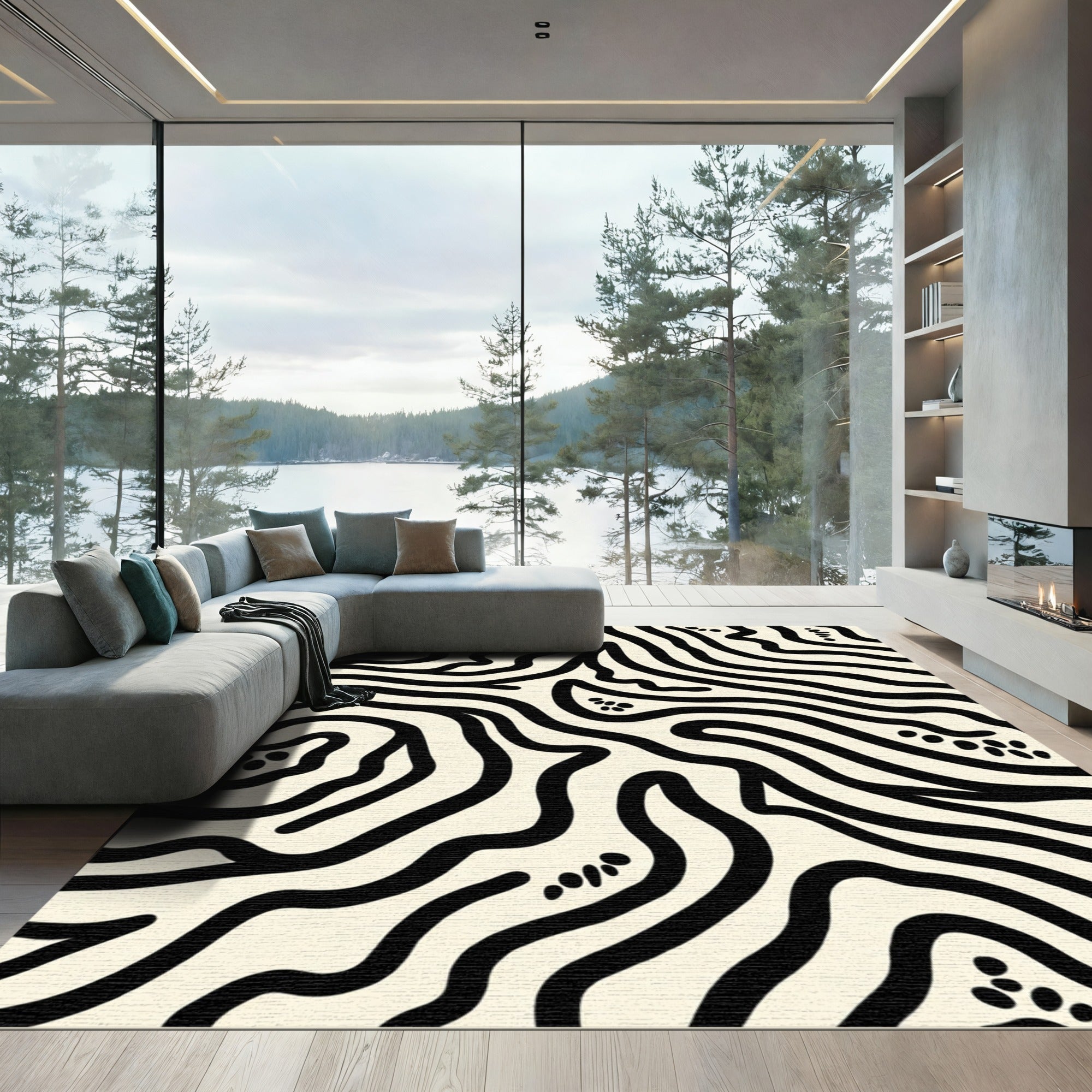 Abstract Cream Black Zebra Stripes Rug
