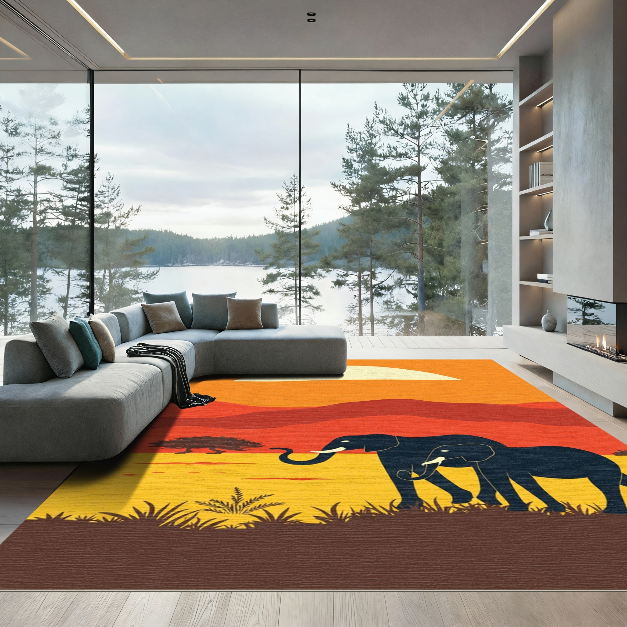 Sunset Savannah Herd Elephants Rug