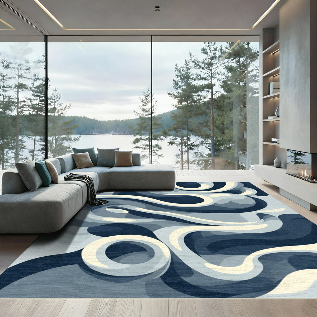 Cool Blue Swirling Abstract Rug