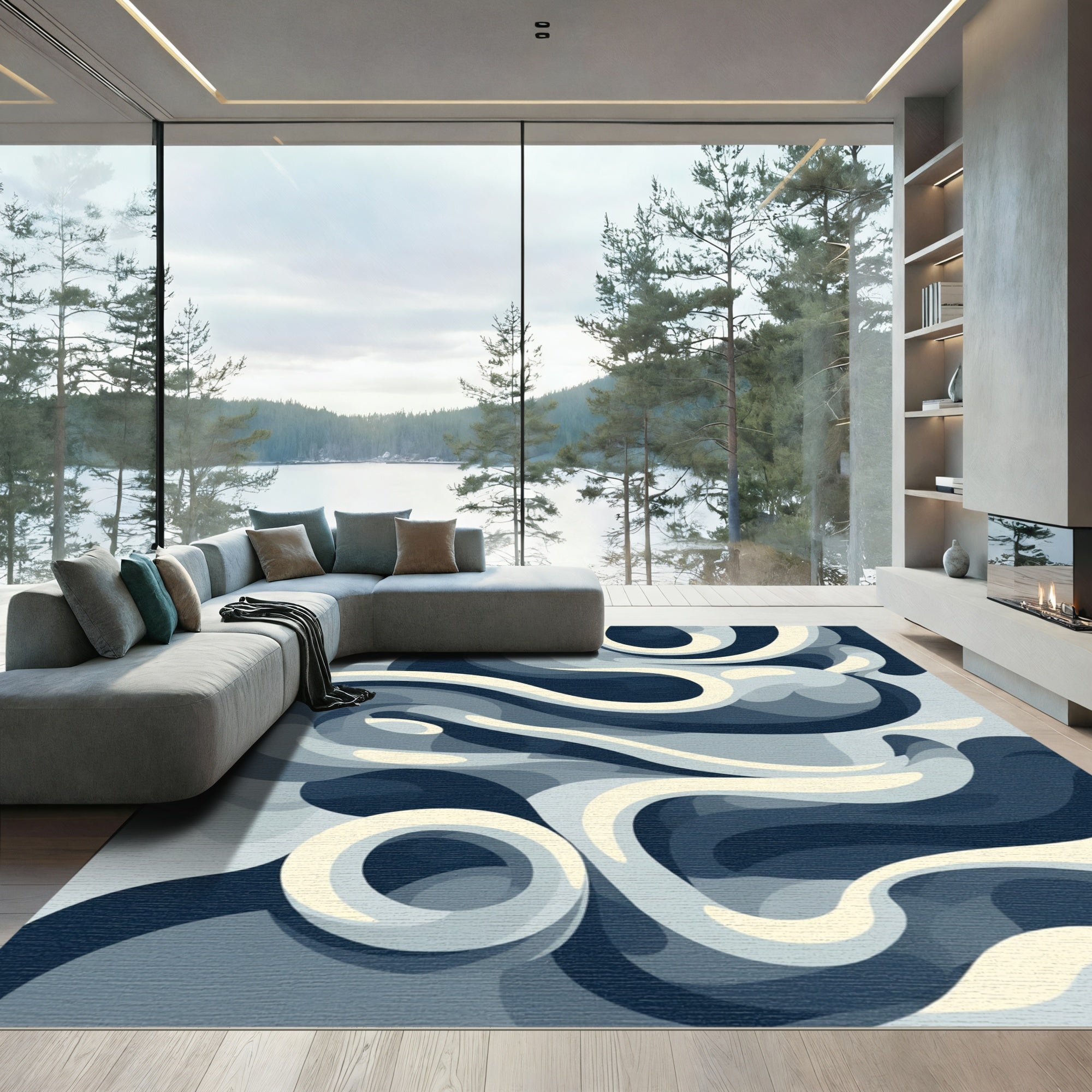 Cool Blue Swirling Abstract Rug