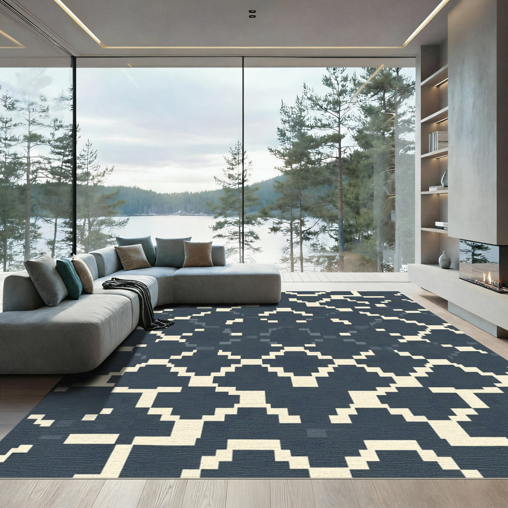 Deep Blue Cream Geometric Diamond Rug