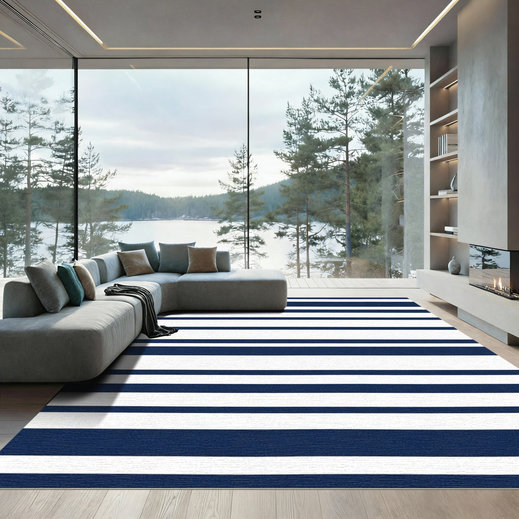 Deep Blue White Linear Harmony Rug
