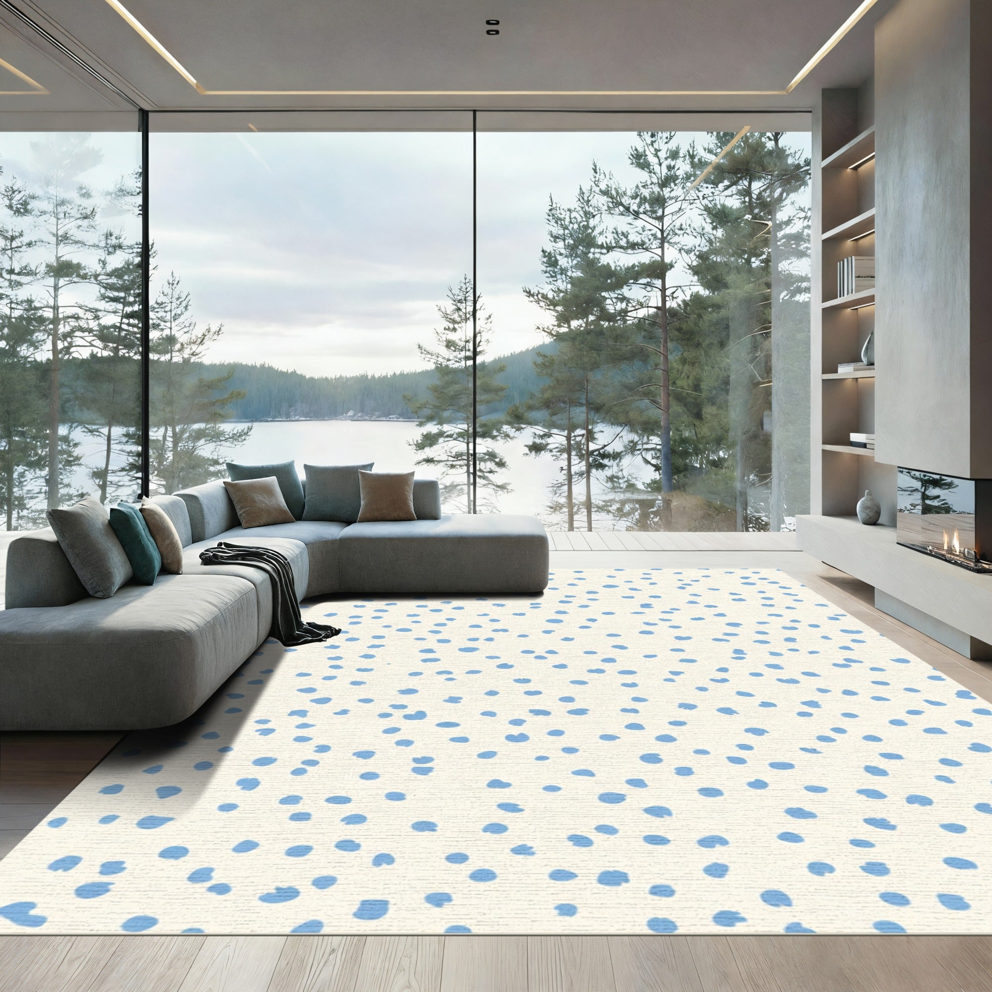 Soft Blue Dots Scattered Cream Backdrop Rug