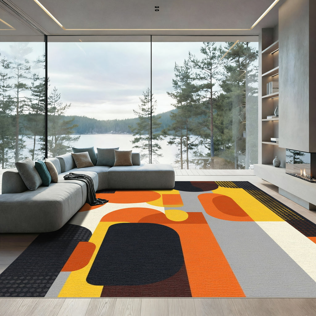 Geometric Abstract Orange Yellow Gray Rug