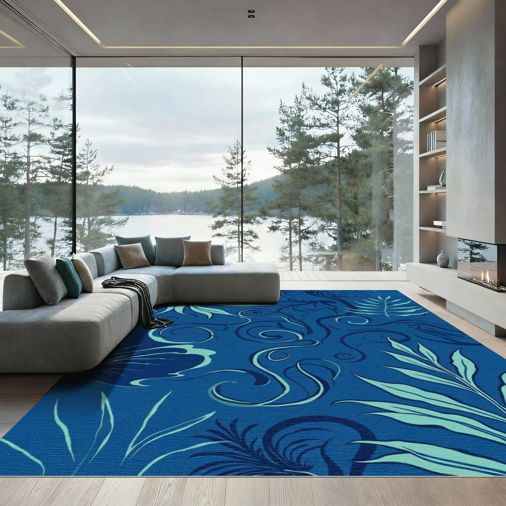 Deep Blue Tropical Swirl Foliage Rug