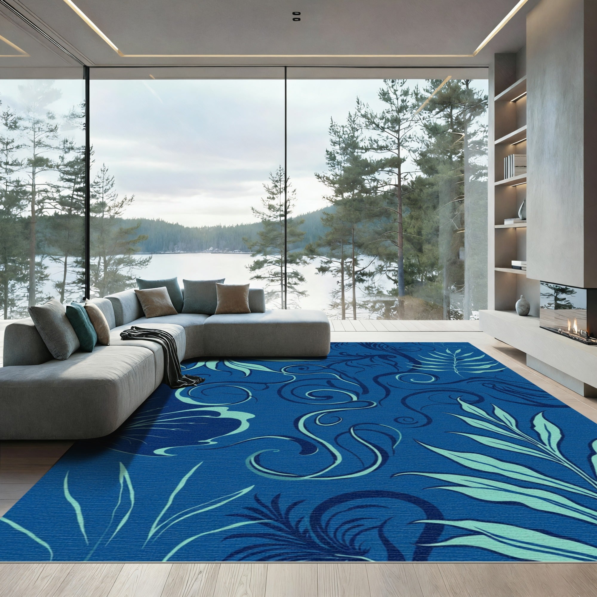 Deep Blue Tropical Swirl Foliage Rug