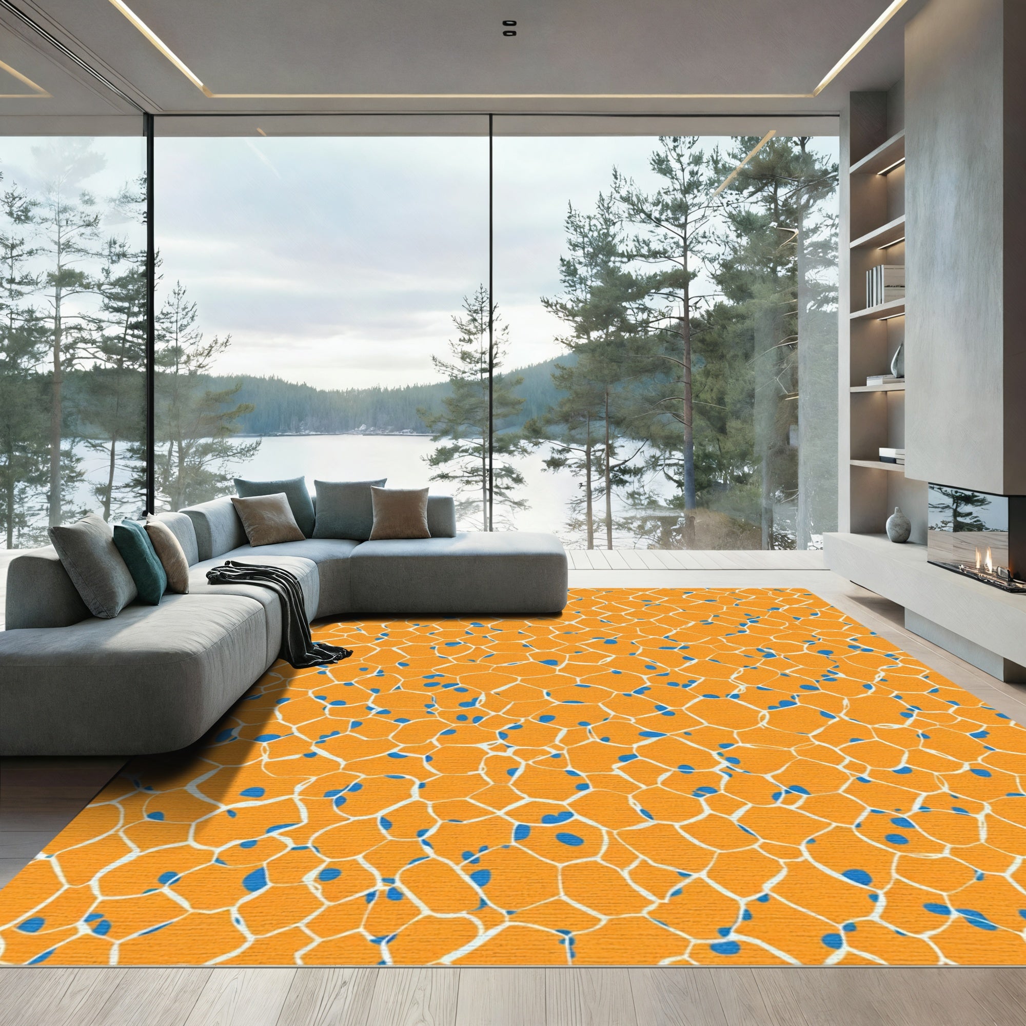 Orange Blue Cellular Network Rug