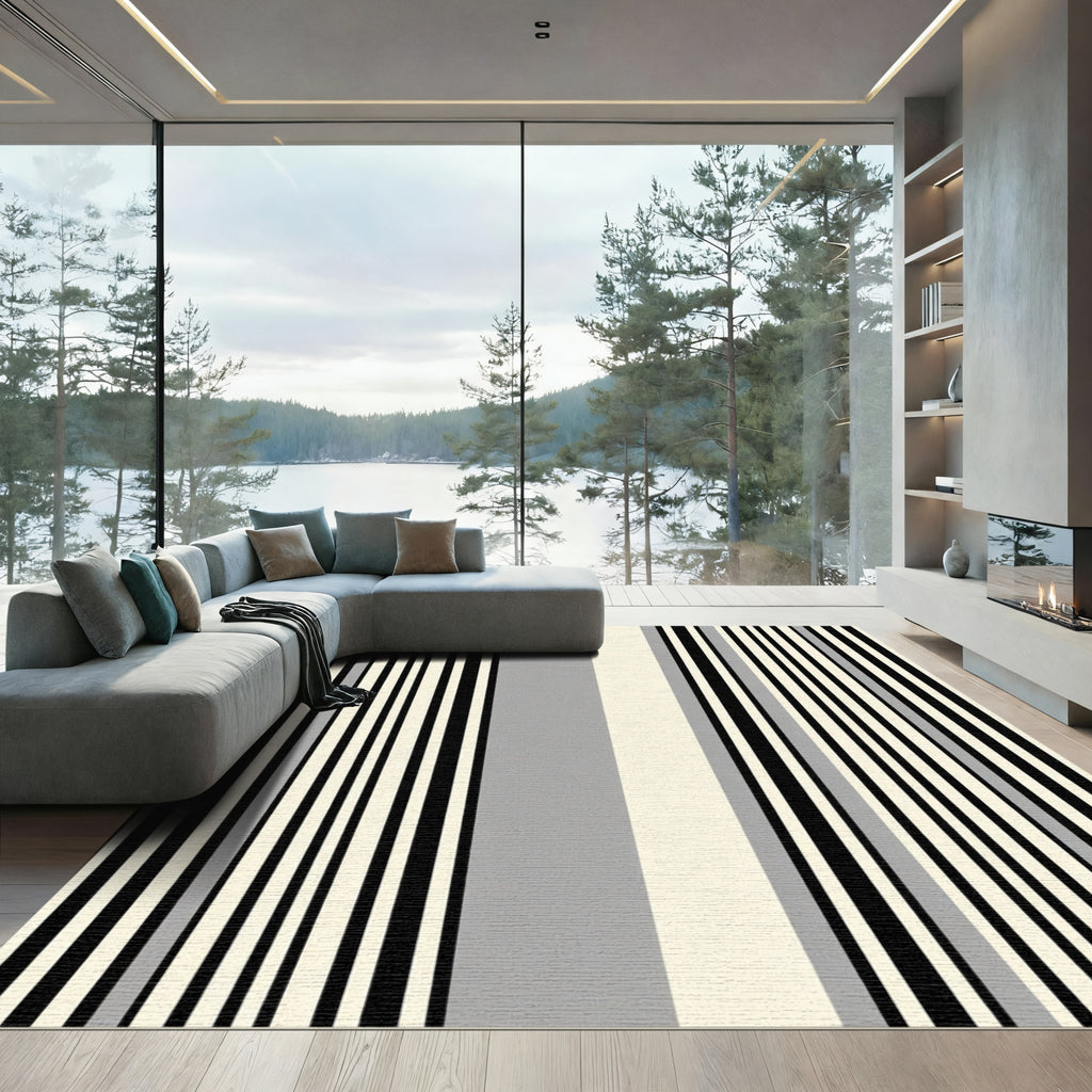 Modern Black Cream Gray Stripe Rug
