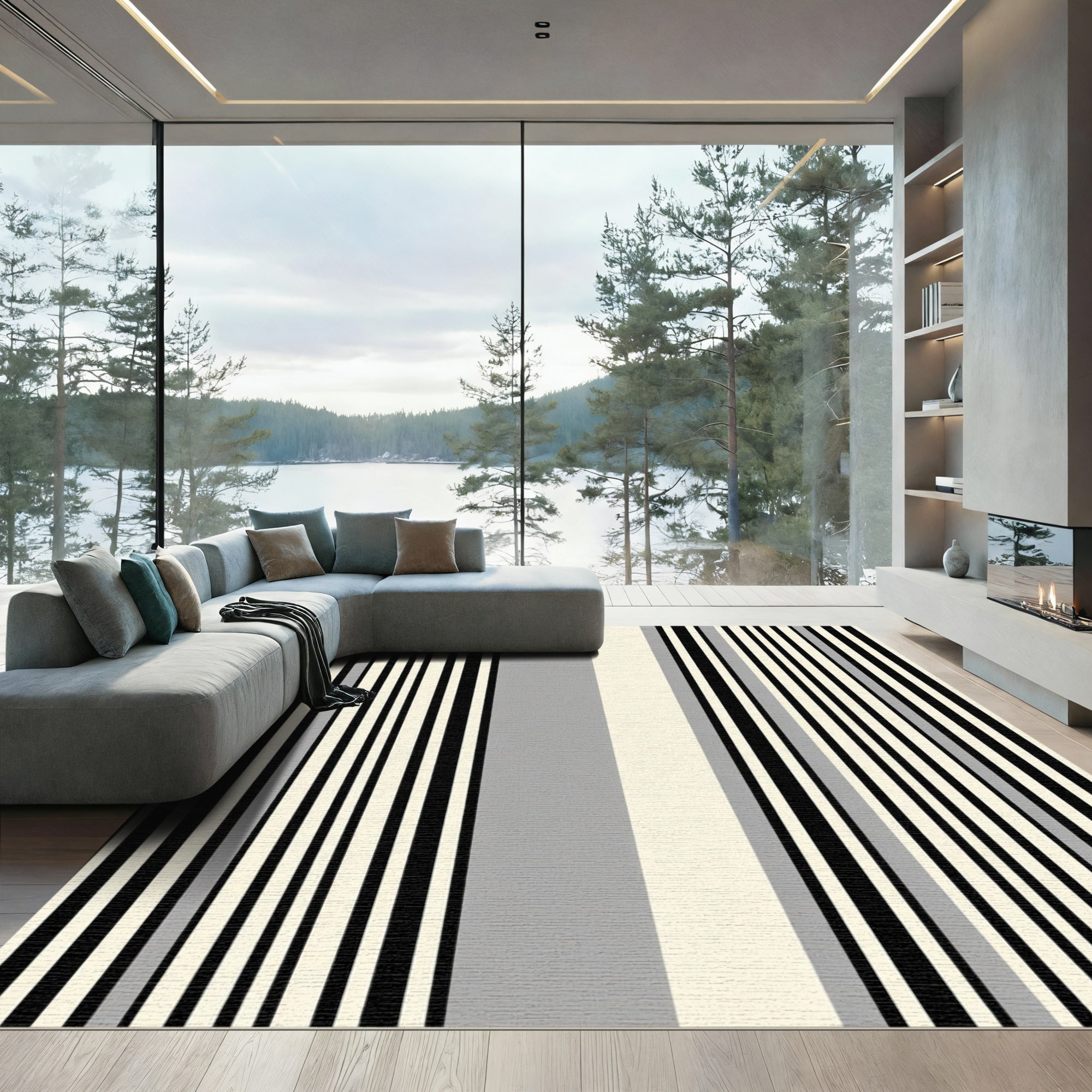 Modern Black Cream Gray Stripe Rug