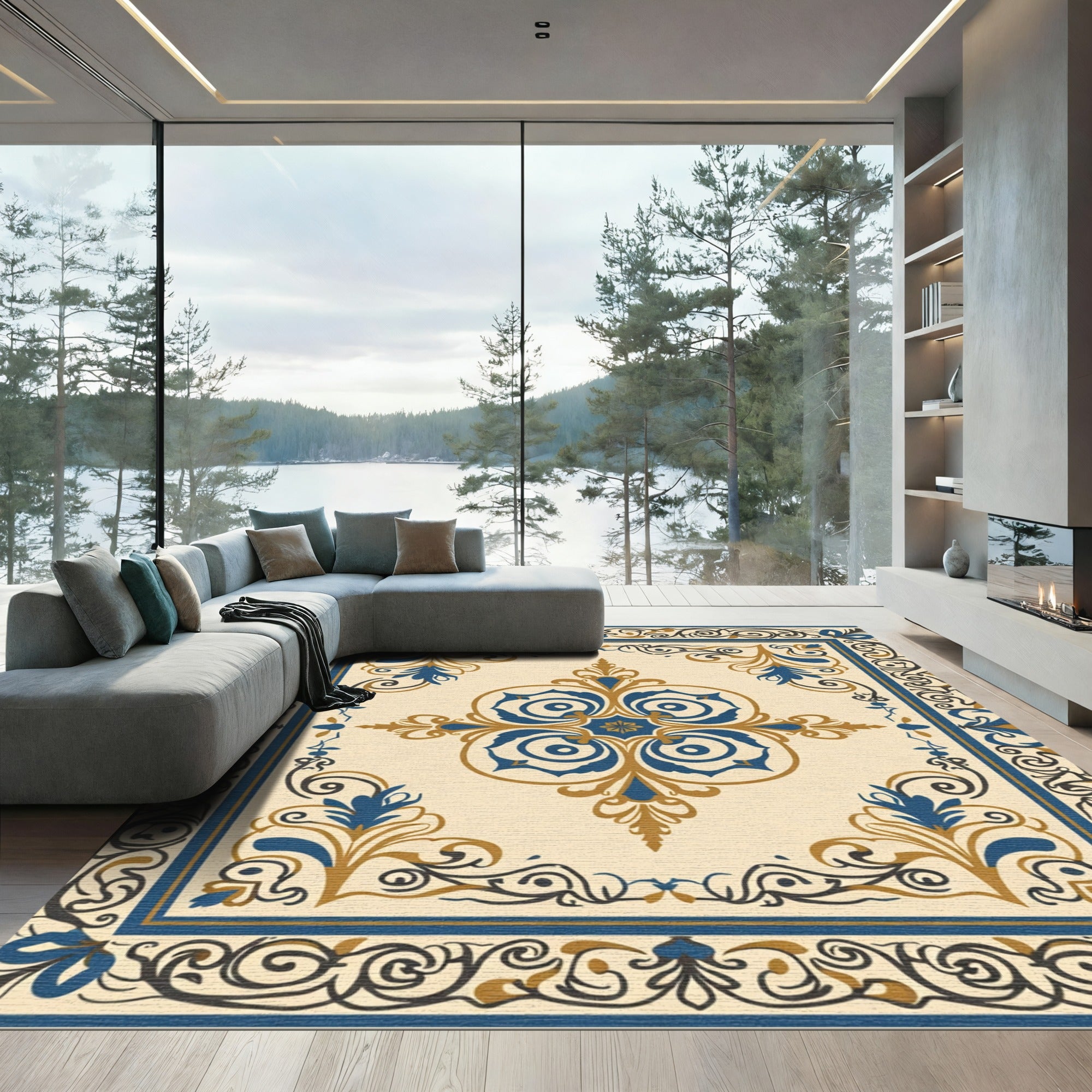 Golden Blue Vintage Scroll Medallion Rug