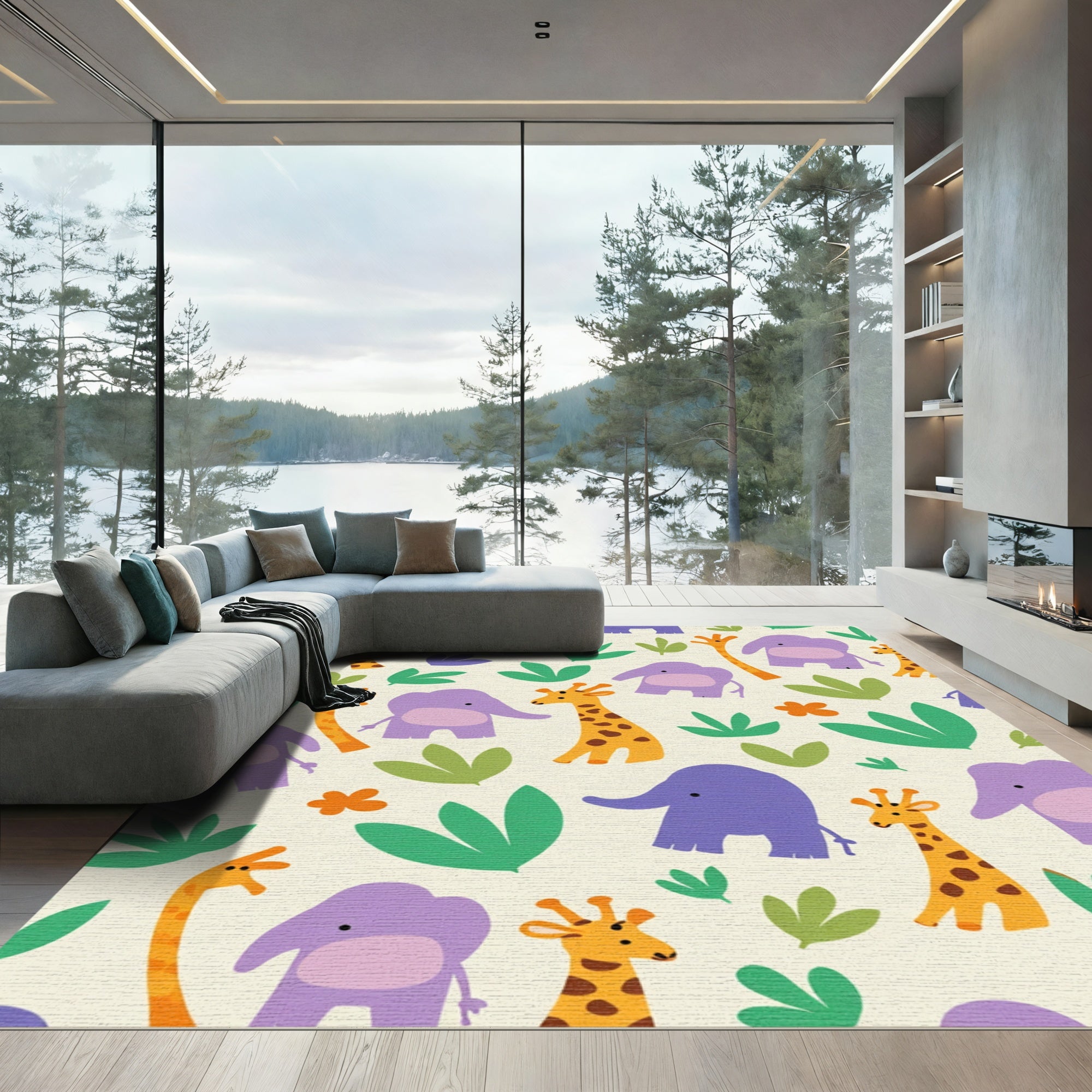 Playful Purple Elephants Giraffes Jungle Blooms Rug