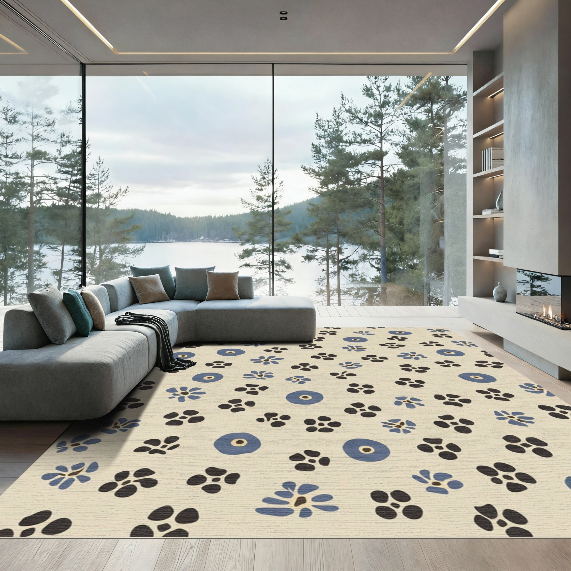 Cream Blue Black Floral Scatter Rug