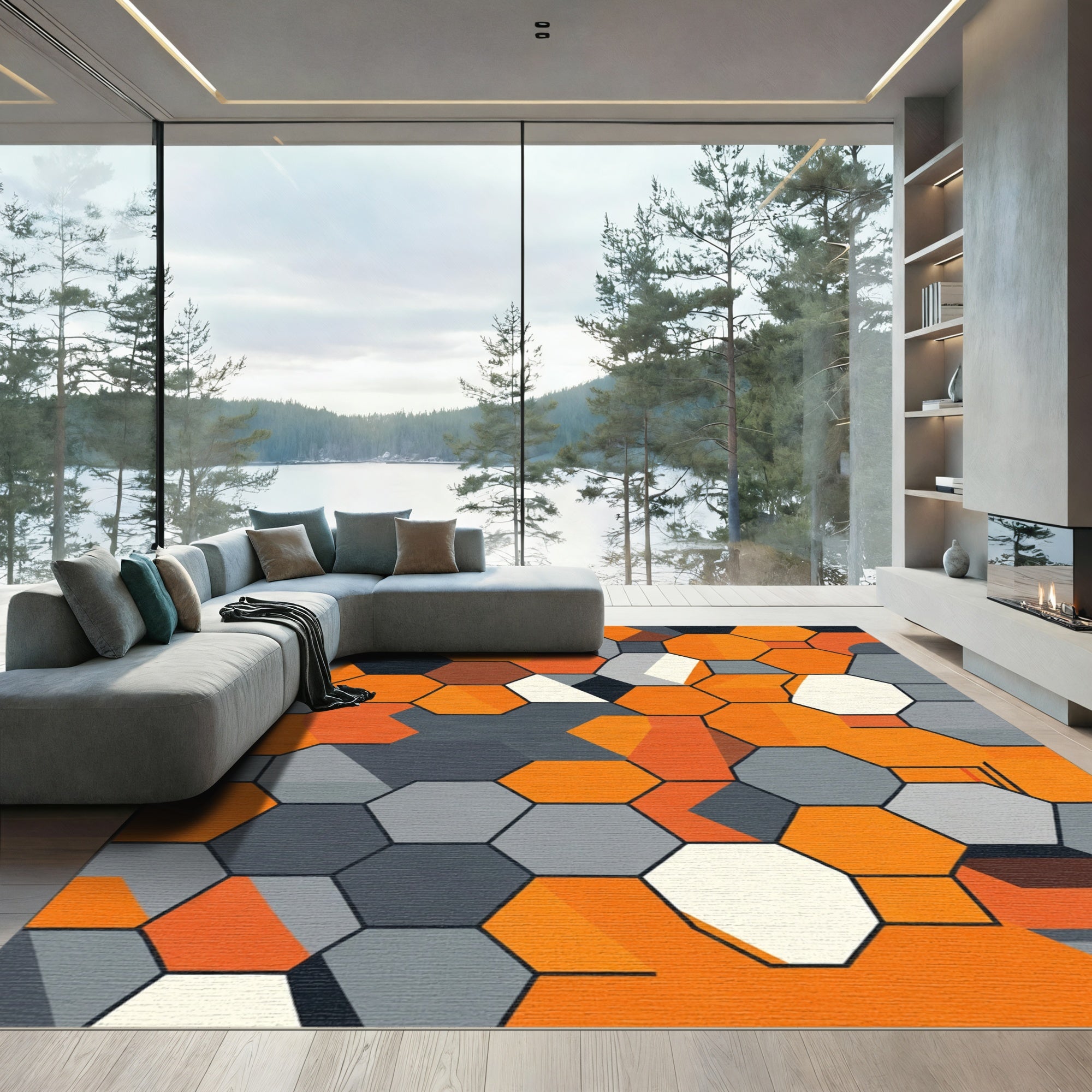 Orange Gray Geometric Honeycomb Rug