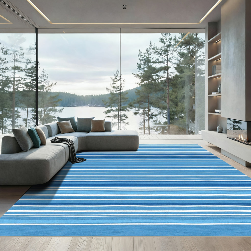 Ocean Blue Wavy Stripe Rug